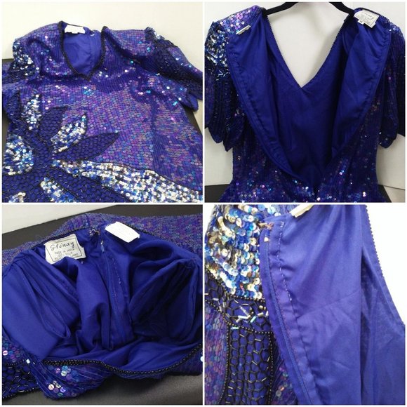 Vintage 80s Stenay India Silk Sequin Blouse Beaded Top Ladies-M Flower Leaf Blue - Picture 7 of 12